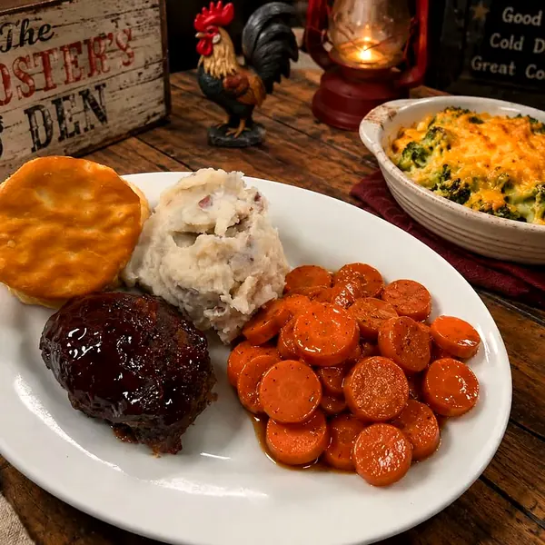 A lunch plate of glazed meatloaf with mashed potatoes, carrots and a biscuit